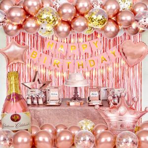 Rose Gold Birthday Decorations for Women with Happy Birthday Banner, Curtains, Bottle, Crown, Heart Star Balloons, Rose Gold Balloons, LED Light for Girls Women Birthday Party Supplies