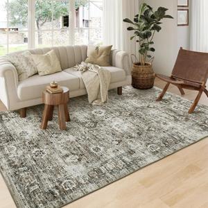 Washable Rugs 8 x 10 Area Rugs for Living Room Bedroom Non-Slip Vintage Floral Print Throw Rugs with Rubber Back Stain Resistant Low Pile Large Dining Room Rug for Under Table, Gray/Camel