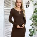 VICHYIE Women Dress Cutout Neck Bodycon Keyhole Ribbed Long Sleeve Tight Fall Mid Thigh Pencil Above Knee Mini Dresses Coffee L