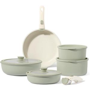 CAROTE Pots and Pans Set, Nonstick Cookware Set Detachable Handle, 11pcs Induction Kitchen Cookware Sets Non Stick with Removable Handle, RV Cookware Set, Oven Safe, Sage Green
