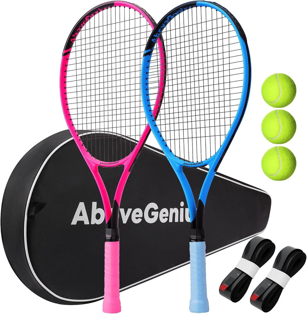AboveGenius Neon Tennis Rackets 2 Pack for Adults- 27" Lightweight Aluminum Tennis Racquet Set with 3 Balls & Bag- Vibrant High-Visibility Matte Finish for Men Women Beginners, 27 inches , 105 square inches