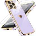 LeYi for iPhone 15 Pro Case: with Tempered Glass Screen Protector [2 Pcs]+ Full Camera Lens Protection, Love Heart Plating Girly Cute Luxury Soft TPU Shockproof Case for iPhone 15 Pro, Purple 3 Pcs
