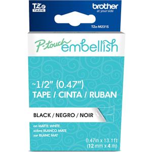 Brother P-touch Embellish Black Print on Matte White Tape TZEM231S  ~ Wide x 13.1 Long for use with P-touch Embellish Ribbon & Tape Printer, TZE-M231S (12mm (0.47))