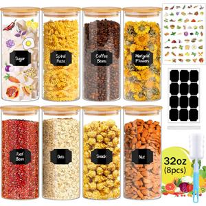32 oz 8 Pcs Glass Jars with Bamboo Lids, Stackable Clear Food Storage Jars, Airtight Kichen Glass Pantry Storage Containers with Lids for Rice, Candy, Sugar, Flour, Nuts, Cookie, Coffee Bean