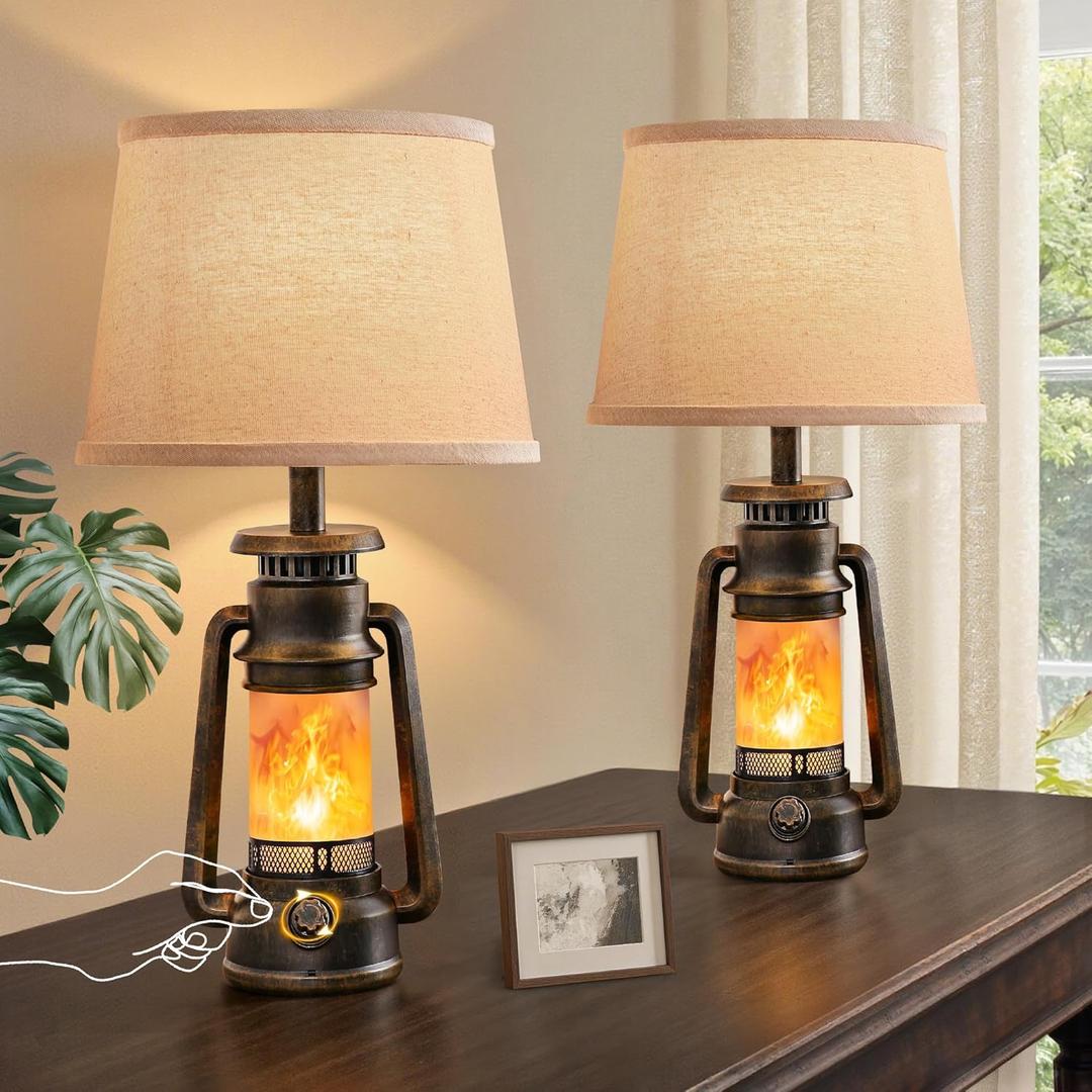 LEDIARY 18.72" LED Vintage Lantern Flickering Flame Table Lamps for Bedrooms Set of 2, Farmhouse Rustic Vintage End Table Lamps, Rustic Retro Bedside Nightstand Desk Lamp for Living Room