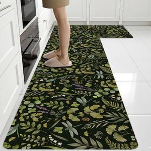 Green Botanical Rugs for Kitchen Floor, Plants Anti Fatigue Mats for Kitchen Floor Non Slip, 2PCS Rubber Kitchen Mat, Washable Cushioned Runner Carpet Rug for Sink Laundry Room 15.7"27.5" +15.7"47"