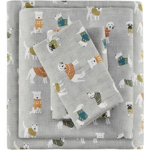 True North by Sleep Philosophy Cozy Flannel Warm 100% Cotton Sheet - Novelty Print Animals Stars Cute Ultra Soft Cold Weather Bedding Set, King, Grey Dogs 4 Piece