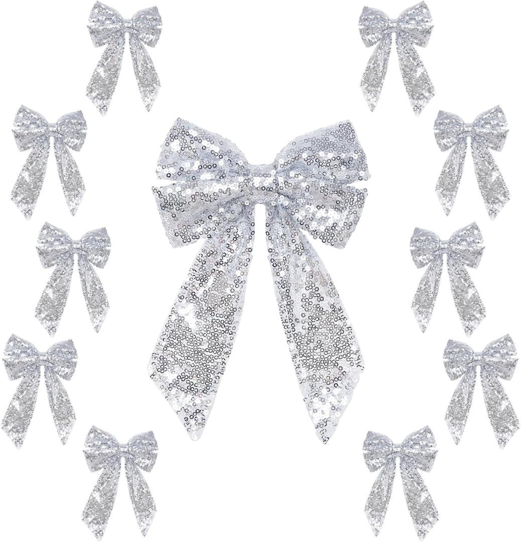PartyDelight Bow Decor Silver 10Pcs Sequin Christmas Tree Bows 6x8Inch Ribbon Tie for Xmas Birthday Party Room Decorations Coquette Backdrop Wall Decors