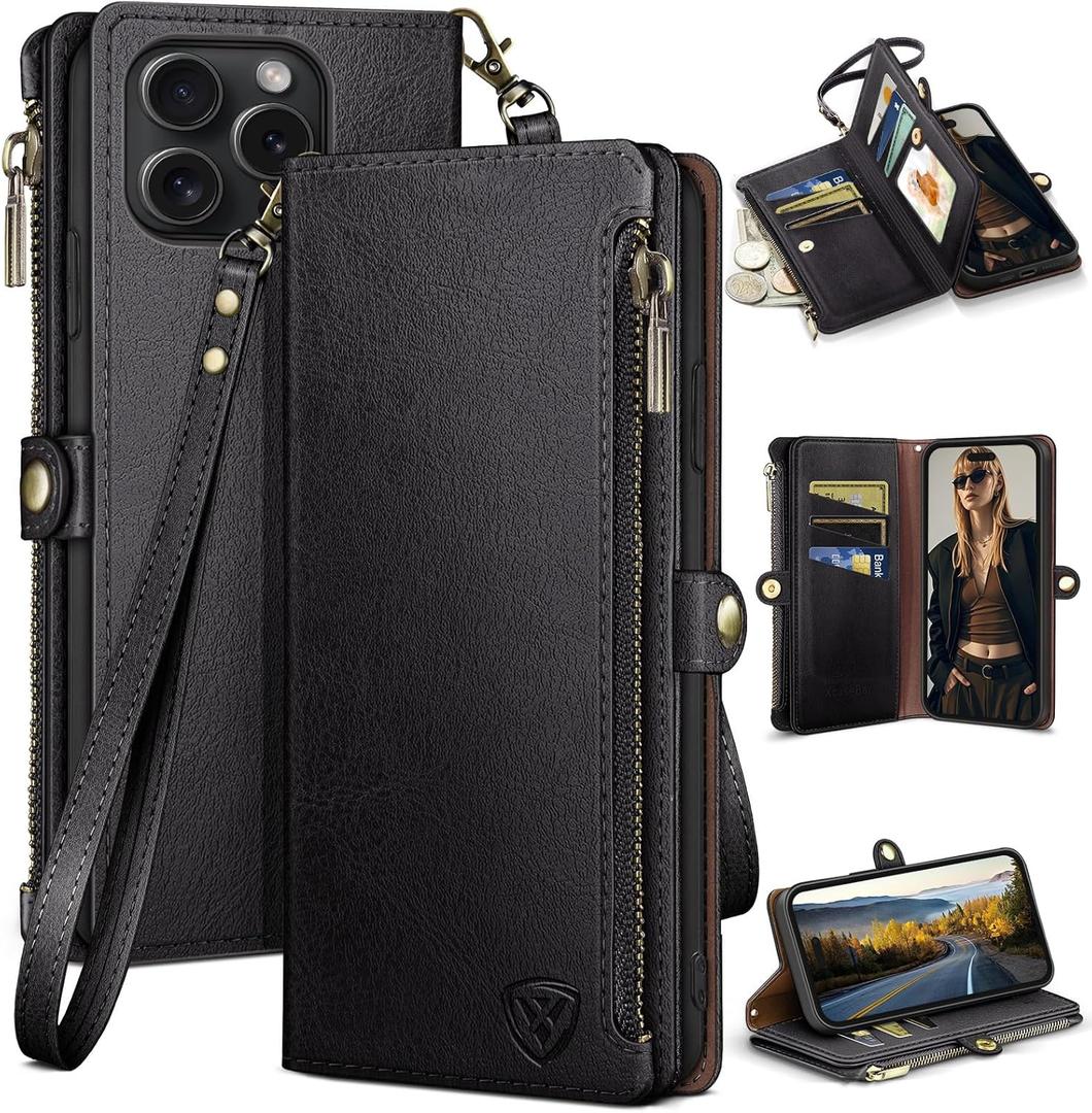 XcaseBar Compatible with iPhone 16 Pro 6.3" Wallet case with Zipper Credit Card HolderRFID Blocking,Flip Folio Book PU Leather Phone case Shockproof Cover Women Men for Apple 16 Pro case Black