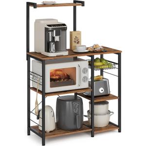 VASAGLE Baker's Rack, Microwave Stand, Kitchen Storage Rack with Wire Basket, 6 Hooks, and Shelves, for Spices, Pots, and Pans, Rustic Brown and Ink Black UKKS35X