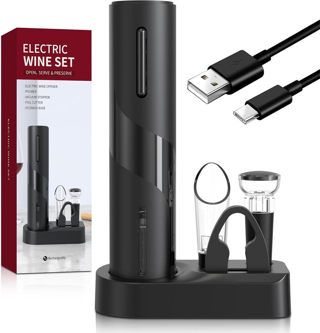 Electric Bottle Opener 5-in-1 ElectricWine Bottle Opener with Rechargeable Storage Base, Foil Cutter, Pour& Stopper (Black Set)