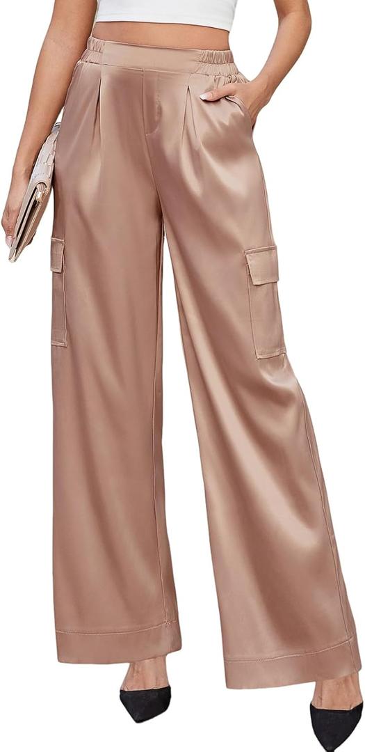 ZAFUL Womens Satin Pants Wide Leg High Waisted Cargo Pants Silky Dressy Casual Slack Trousers (Orange, XXL)