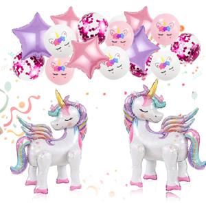 16 Pcs Unicorn Balloons Kit for Birthday Party Decorations - 2 Self Standing 3D Foil Unicorns, 4 Stars & 10 Printed Latex with Tying Tool (No Helium Needed) (White, Pink, Purple)