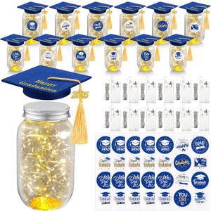 12 Sets Class of 2025 Graduation Table Decor Set with LED Light up Graduation Plastic Round Jars Table Centerpieces Felt Grad Hats and Stickers for High School and College Party Supplies(Blue)