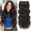 ALXNAN Clip in Long Wavy Synthetic Hair Extension 20 Inch Dark Brown 4PCS Thick Hairpieces Fiber Double Weft Hair for Women