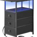 Narrow End Table with Charging Station, Narrow Side Table with 3 Fabric Drawers, Slim Nightstand with LED Light, Small Bedside Table with Storage, Living Room, Bedroom, Black HKET1303BK (Large(11.8" W x 23.6" D))