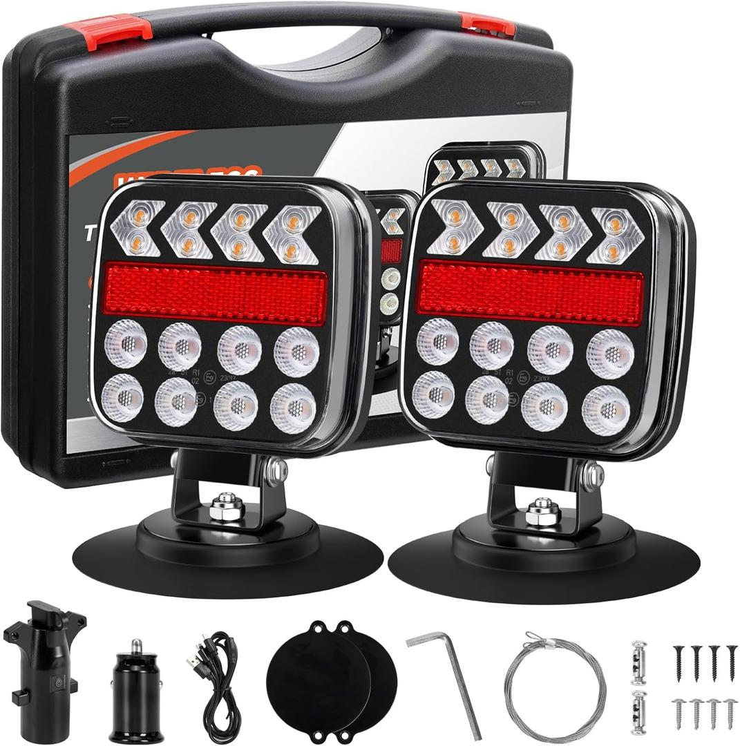 Wireless Trailer Lights, Adjustable Magnetic LED Trailer Lights with Reflectors, Rechargeable Tow Tail Light Kit for Trucks, Boats, RVs, Campers, IP67 Waterproof, Black