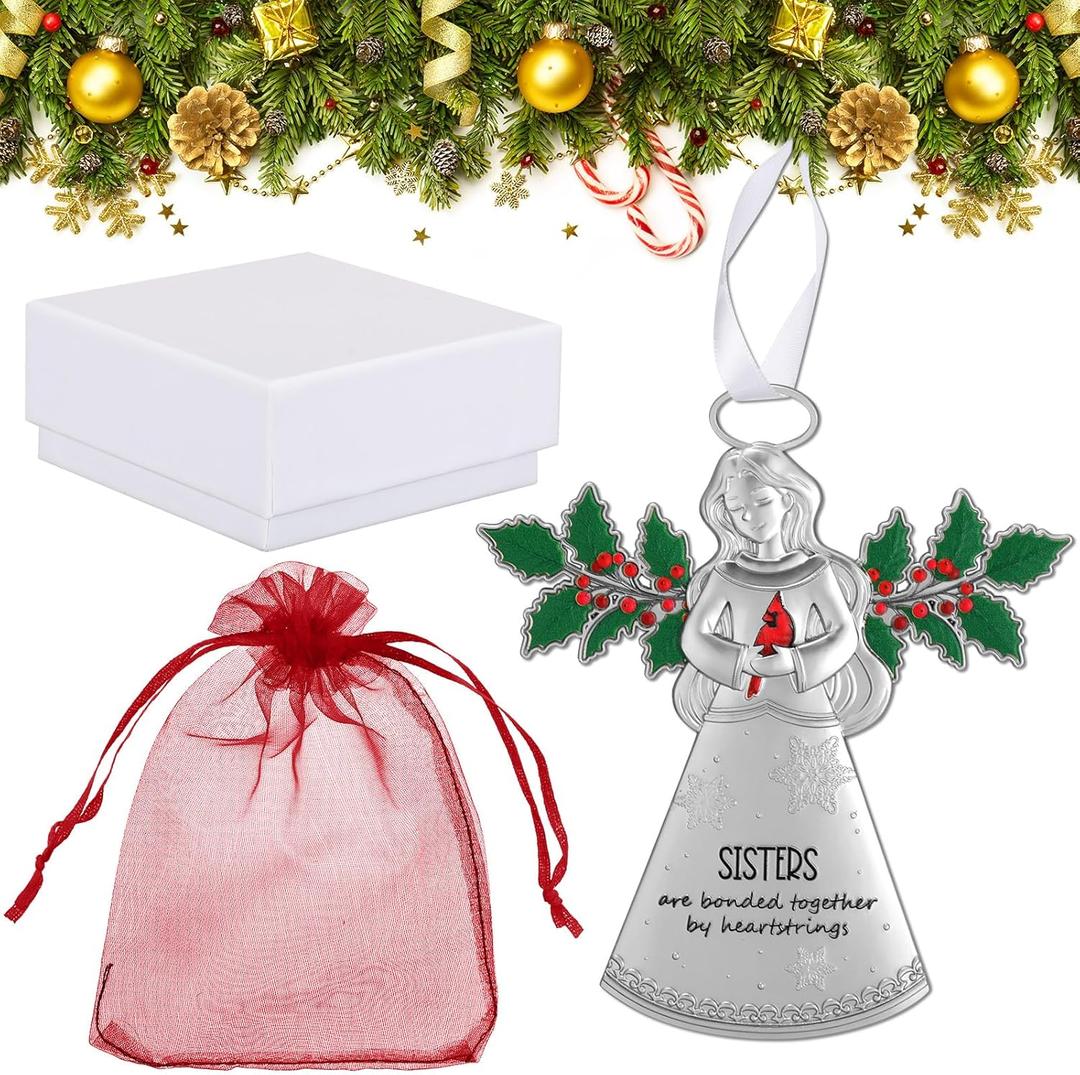 Capoda Angel Christmas Tree Ornaments Sister Angels Gifts with Sisters Are Bonded Together by Heartstrings Words and Gift Box Bag for Friend Sister Gift Holiday Christmas Tree Decorations
