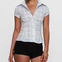 Women's Plaid Shirt Button-up Short Sleeve Collared Slim Fit Casual Summer Blouse Tops (Blue, M)