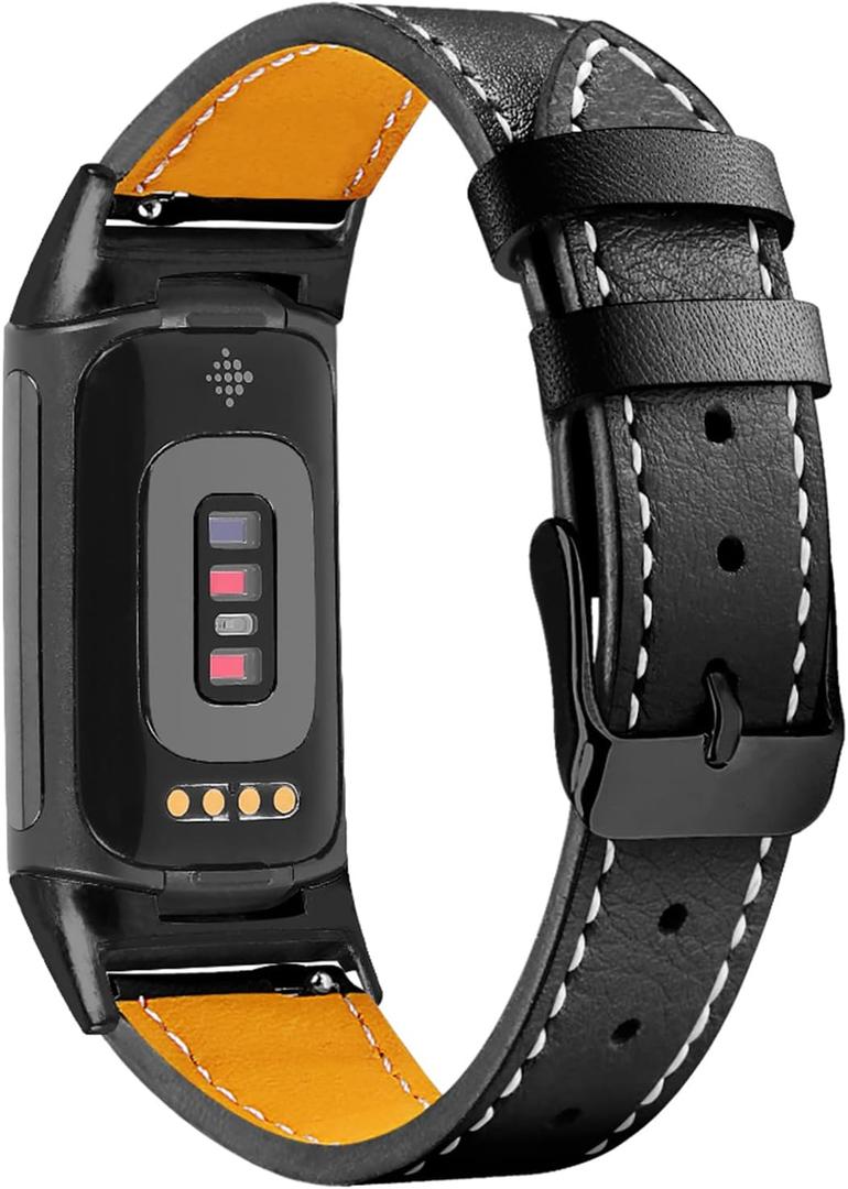Leather Bands Compatible with Fitbit Charge 6/Charge 5, Replacement Genuine Leather Straps for Women Men (Black)