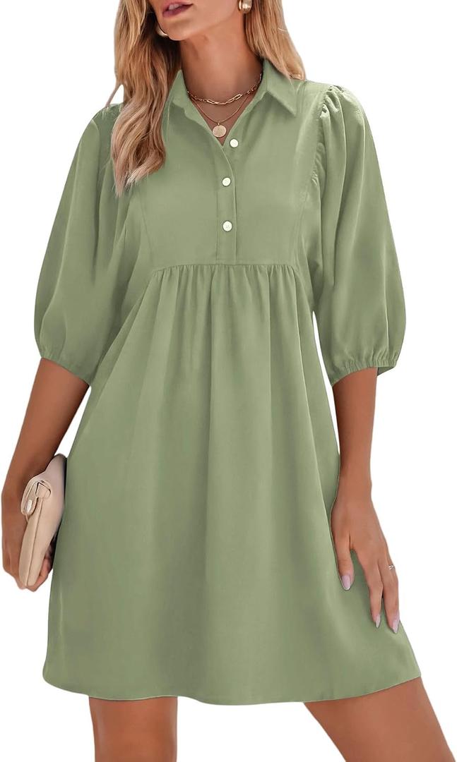 FENSACE Womens Casual Shirt Dress Puff Sleeve Button Down Shift Collared Neck Dresses with Pockets (M)
