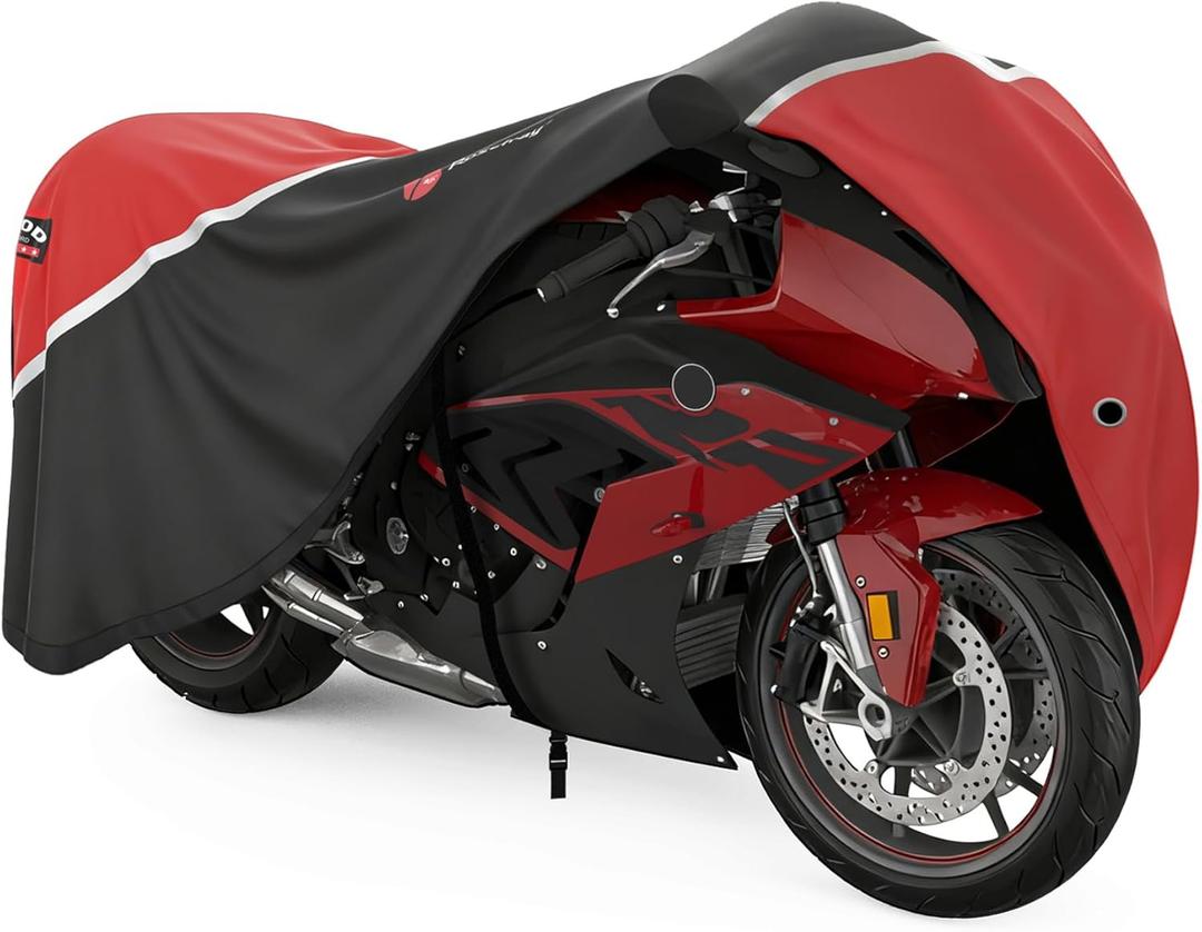 Rosefray Motorcycle Cover,Waterproof Outdoor Cover for Motorcycle,All Season Protection with Night Reflective Lock Holes Storage Bag, Fits Up to 104" Motorcycle Universal Vehicle Blkorg (XXXL-104"Lx 41" Wx 50"H, Blackred)