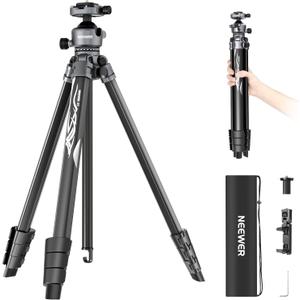 NEEWER LITETRIP LT07 61" Aluminum Travel Tripod for Camera w Pan Tilt Low Profile Ball Head, Arca QR Plate Compatible with PD Tripod Plate, Dual Center Axis, Phone Holder, Max Load 22lb