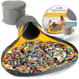 Creative QT SlideAway Toy Storage Organizer & Extra Large 52" Play Mat, Collapsible Storage Bins for Building Bricks, Small Blocks, Toys, Drawstring Cleanup for Kids Playroom & Classroom, Grey