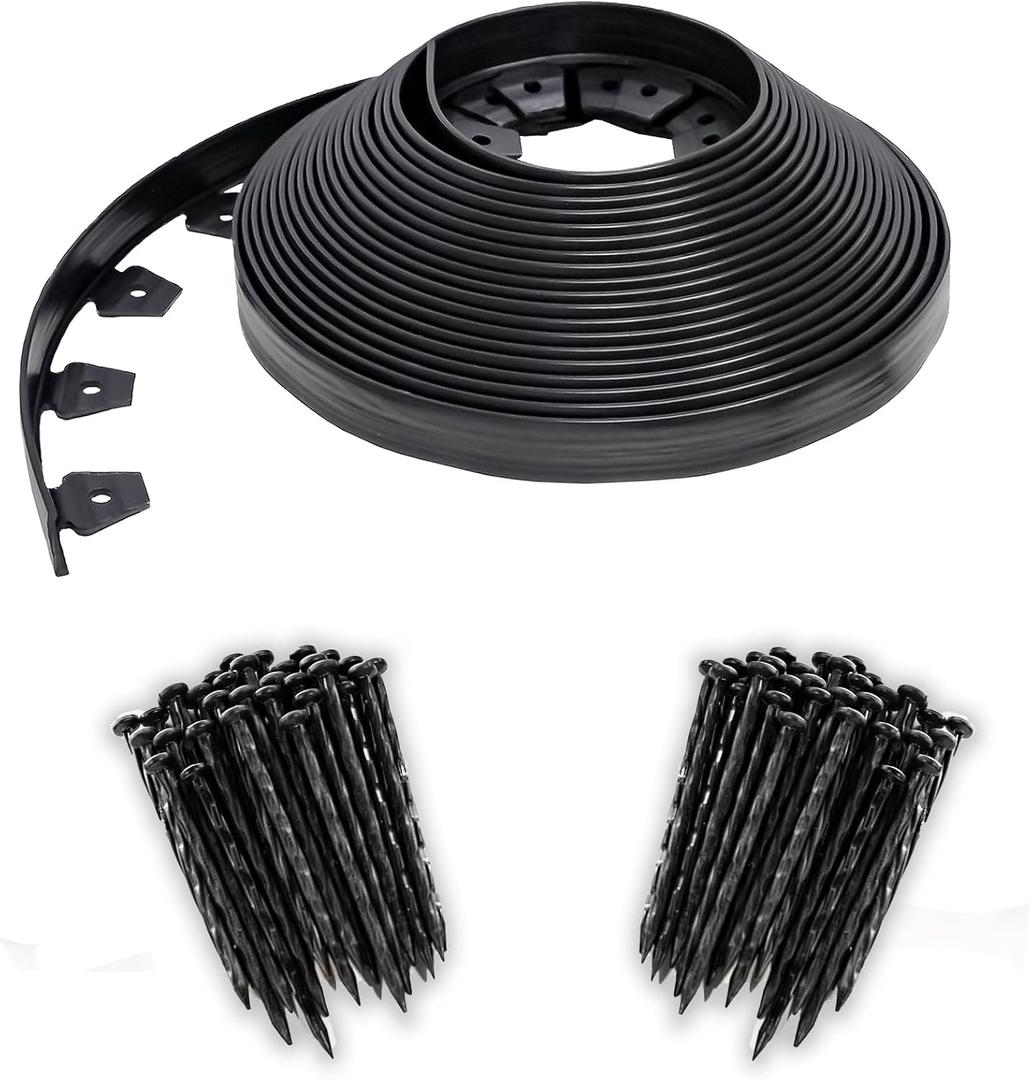 EasyFlex No-Dig Landscape Edging with BONUS Anchoring Spikes, 1.5 in. Tall Straight Top Plastic Garden Border, 100 Foot Kit, Black