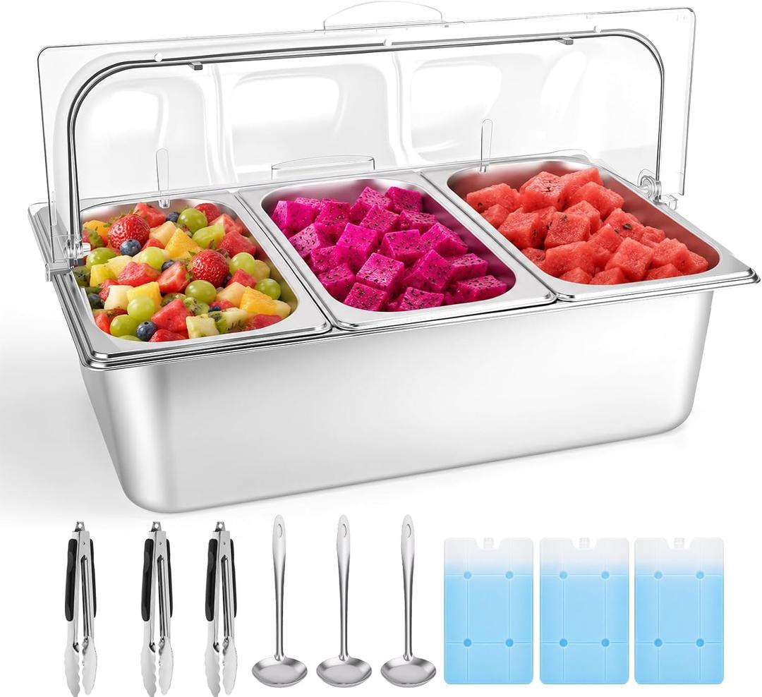 Cold Food Buffet Ice Serving Tray for Buffets and Parties 3 Pans