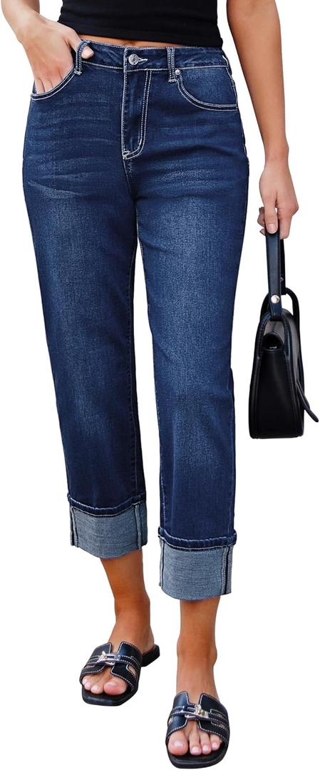 luvamia Straight Leg Jeans for Women Trendy Cropped High Waisted Cuffed Hem Stretchy Boyfriend Capri Jeans with Pockets (Large, Darkness Blue)
