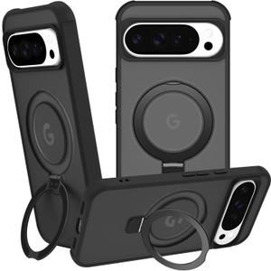 Magnetic Compatible with Google Pixel 10 & Pixel 10 Pro Case with Stand [Military Grade Drop Tested][Compatible with Magnet] Ring Translucent Slim Hard Back Soft Edge, Black