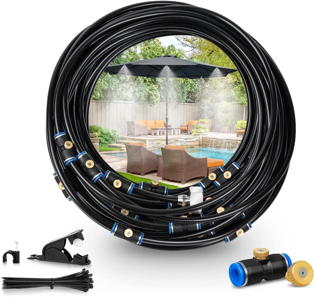 GEJRIO Mister System for Outside Patio, Outdoor Mister with 98FT Misting Hose, Patio Misters for Cooling with 39 Brass Mist Nozzles & an Adapter (3/4"), Misting Cooling System for Garden and Porch
