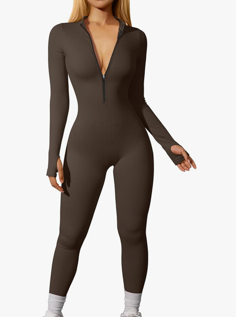 OQQ Women Yoga Jumpsuits Workout Ribbed Long Sleeve Zip Front Sport Jumpsuits Size L