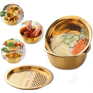 Stainless Steel Multifunctional Gold Colander set of 2, Large Capacity Kitchen Strainer Utensil for Washing Vegetables, Fruit and Potato Carrot Grater