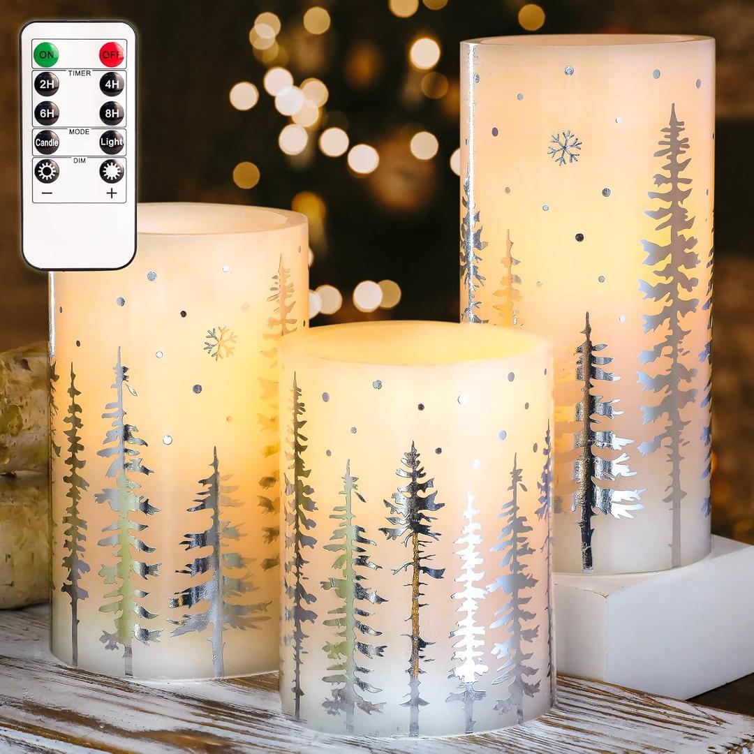 Christmas Flameless Candles, Battery Operated, Hot Stamping Silver Xmas Tree LED Flickering Candles with Remote and Timer, Holiday Decorative Pillar for Xmas, Party, Bedroom