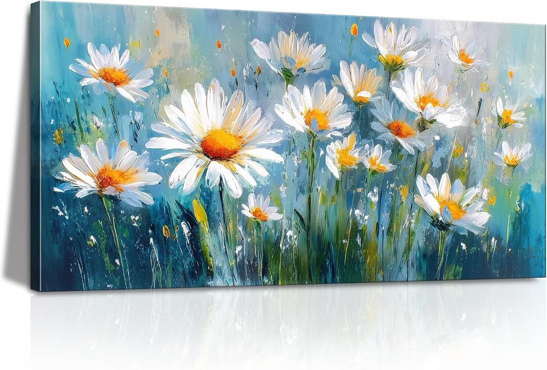 LKY ART Daisy Floral Canvas Wall Art Blue Wildflower Painting Print 20x40in