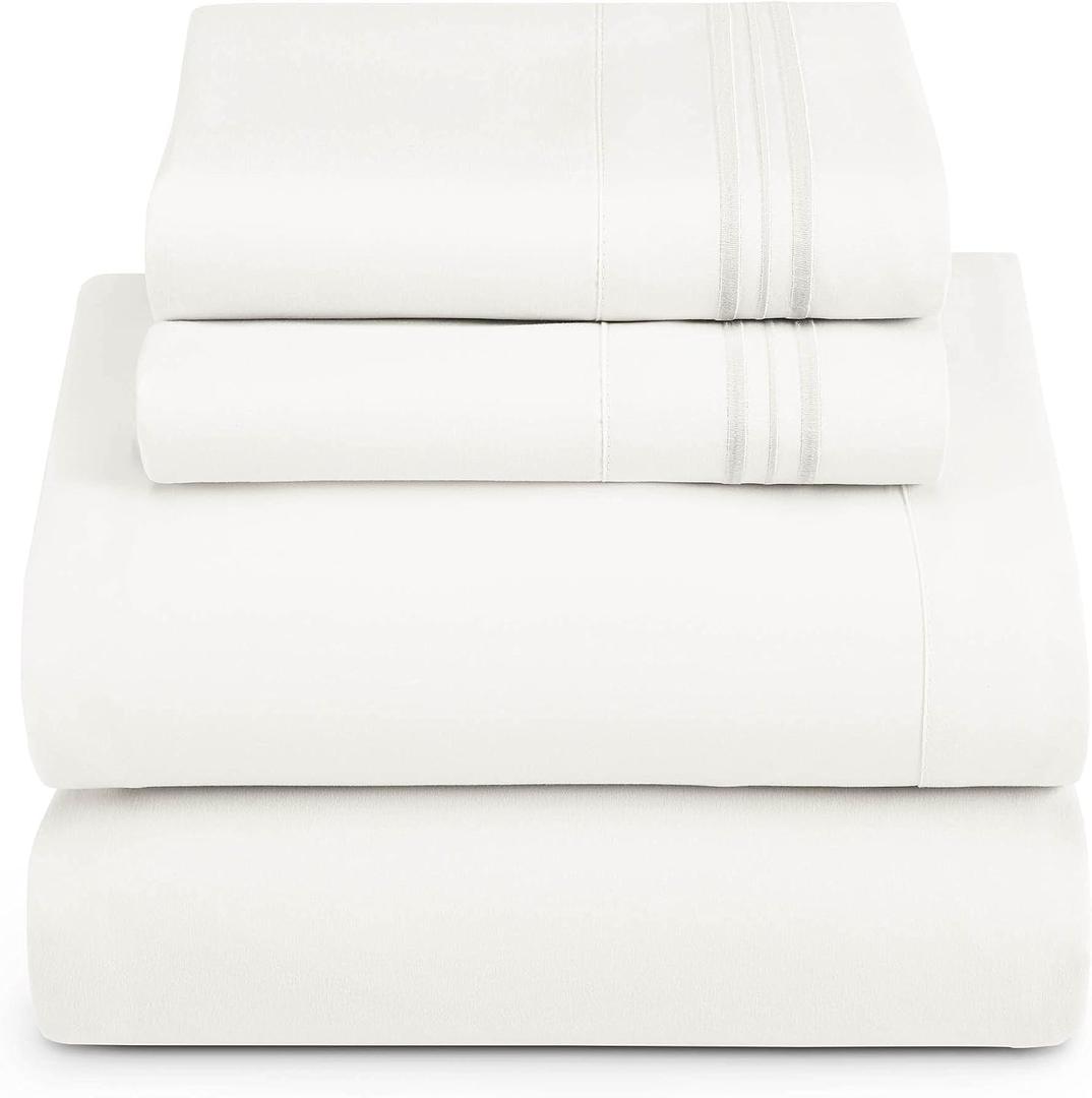 Hearth & Harbor Full Size Sheets - 4 Piece Bed Sheet Set, Hotel Luxury Double Brushed Bed Sheets - Extra Soft Bedding Sheets & Pillowcases, Full, White