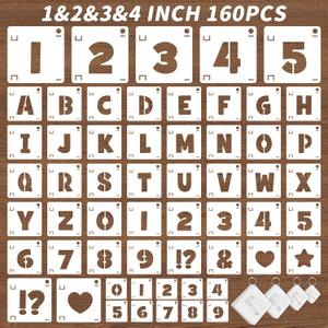 160Pcs Letter Stencils 4Sizes,1&2&3&4Inch Letter and Number Stencils for Painting Plastic Numbers Symbols Stencil Reusable,Alphabet Interlocking Drawing on Wood,Wall,Fabric,Rock,DIY Art Craft Project