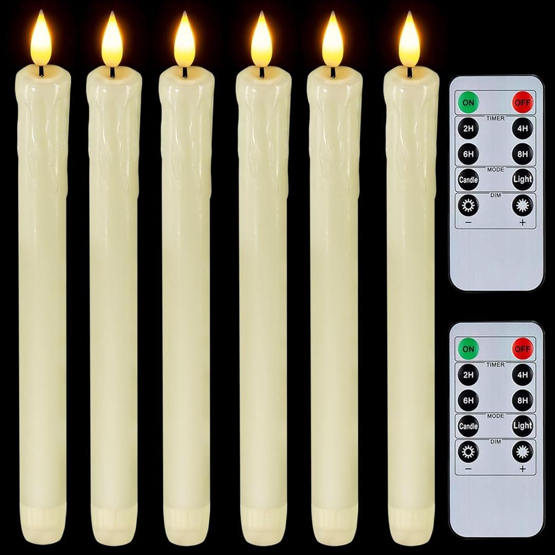Homemory Real Wax LED Flameless Taper Candles with Remote Timer, 9.6 Inches Ivory Fake Candlesticks, Dripless Battery Operated Window Candle with 3D Flickering Flame for Fireplace Xmas Halloween (A-Ivory Drip)