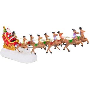 innodept12 Christmas Winter Santa's Sleigh with 8 Reindeers - Winter Lane Christmas Village Decor Santa Sleight with Reindeer LED Light String and Music, Fireplace Home Decor Xmas, Red Sleigh