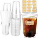 50 Sets Clear Plastic Cups with Lids and Straws, 16oz Round Bottom Disposable Ice Coffee Cups, PET To Go Cups with 60Pcs Label Stickers for Cold Drinks, Juice, Smoothie, Coffee Bar, Party