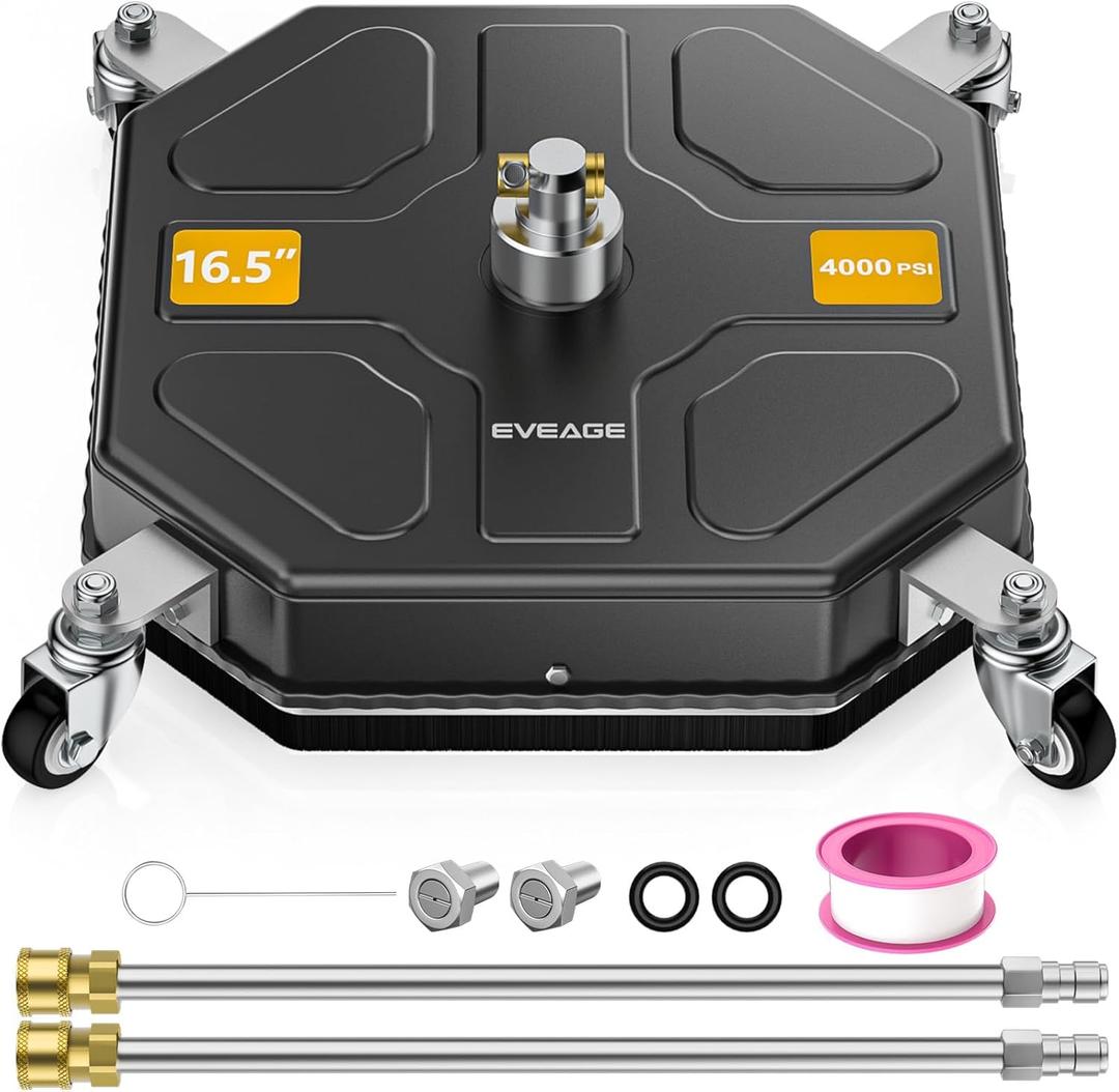 EVEAGE 16.5" Pressure Washer Surface Cleaner Attachment, 4000 PSI Square Power Washer Disc with 1/4" Quick-Connect, 2 Extension Wand, Corner& Edge Cleaning, BJ16