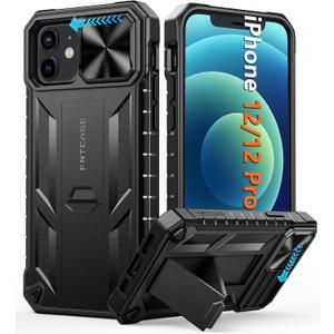 FNTCASE for iPhone 12 Phone Case: iPhone 12 Pro Military Grade Shockproof Protection Mobile Case with Kickstand & Matte Textured Rugged TPU Shell | Drop Proof Protective Cover Black