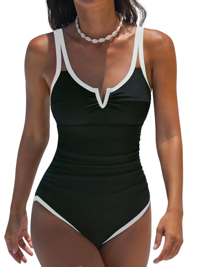 popvil One Piece Swimsuits Women 2026 Tummy Control - Modest Bathing Suit Shapewear Swimwear Retro Neon Swim Suit, L