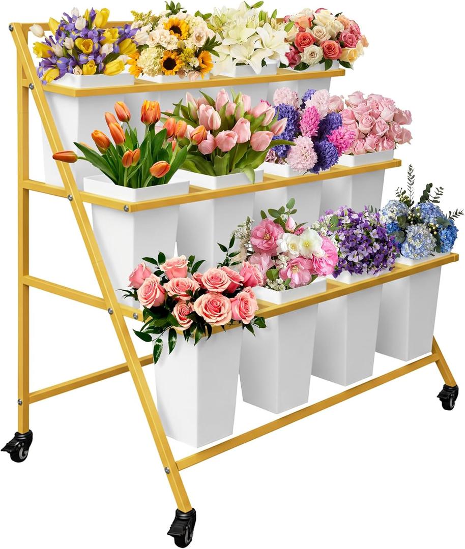 PROLEE Flower Display Stand with 12 Buckets, Flower Cart 3 Layers, Flower Stand Metal with Wheels, Moving Florist Bouquet Shelf, Triangular Rack, Gold