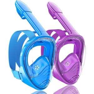 QingSong Kids Snorkel Mask Full Face, Snorkeling Set with Camera Mount, Foldable 180 Degree Panoramic View Snorkeling Gear Anti-Fog Anti-Leak (X-Small, Blue/Purple)