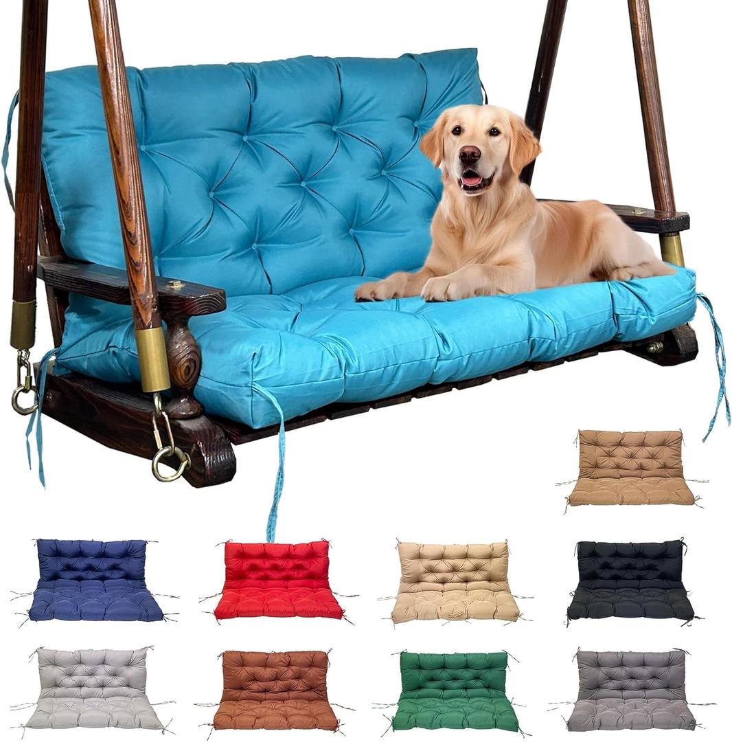 Porch Swing Cushions Replacement: Waterproof 2-3 Seater Patio Bench Cushion with Backrest Ties - 4 Inch Thickened Swing Seat Cushion for Garden Backyard Outdoor Furniture (Light Blue)