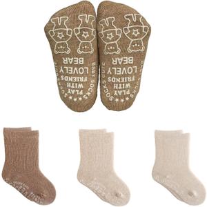 Infant Walking Socks with Non-Slip Soles, Cute Bear Design, High Cotton - 3 Pairs for Toddlers Boys Girls (Beige)