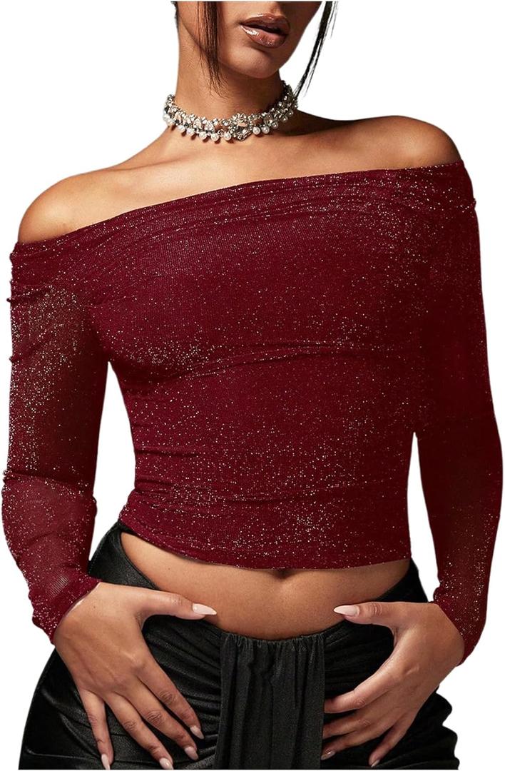 WDIRARA Women's Glitter Off The Shoulder Ruched Long Sleeve Cocktail Party Crop Top Large